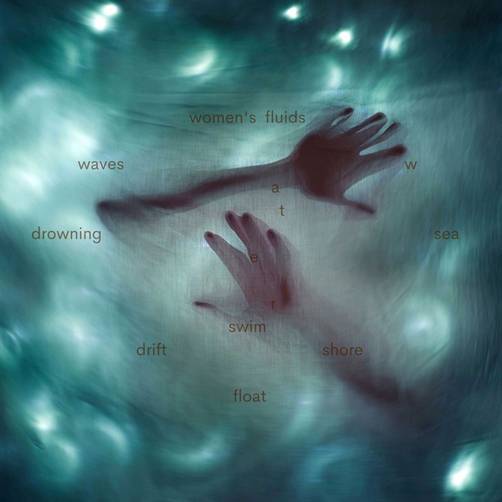 Photo of hands seemingly underwater, surrounded by turquoise and white lights
