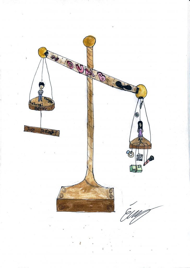 Illustration of gold scale of justice. A girl stands on the right side, which is weighted more heavily. A large diamond ring, wad of cash and other things are strung to it. A boy stands on the lighter left side. This scale is labeled item-articlequot;better" and a label strung beneath it says, item-articlequot;just joking!" 