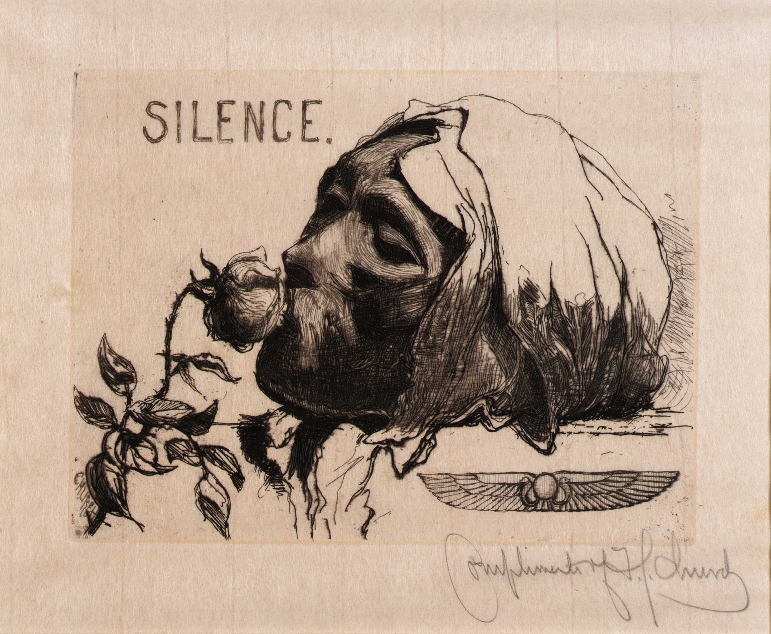 A female head with headscarf is at the centre of this etching in dark pencil or charcoal on brown paper. With eyes closed she smells a long-stemmed rose with leaves. SILENCE. is spelled out and is positioned above her head. To the right and beneath her is a smaller art deco style emblem with wings. The illustrator's large signature is beneath that. 