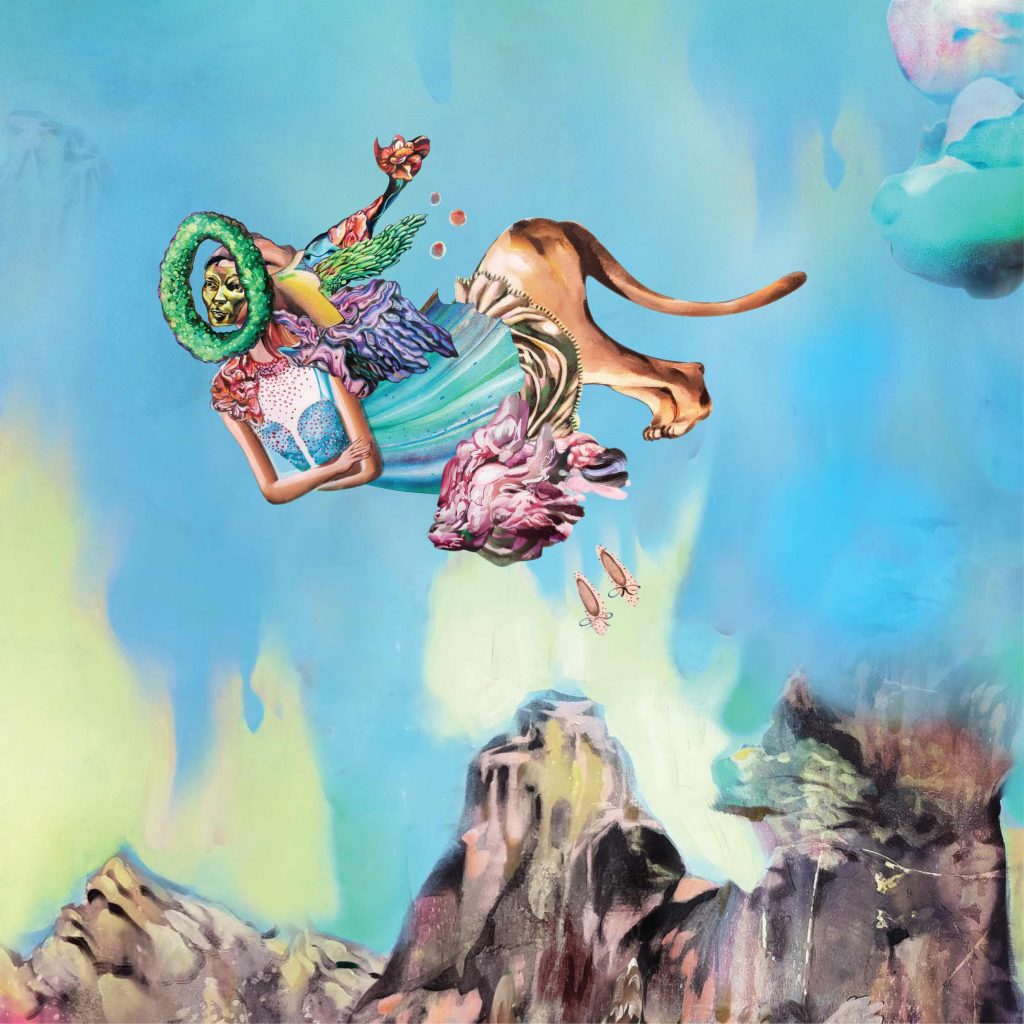 A painting with sky blue background, mountains, and light yellow smears resembling flames just above them. In the sky, a fantastical, pensive centaur-like creature flies. A pair of tiny pink ballet slippers fall from the creature.