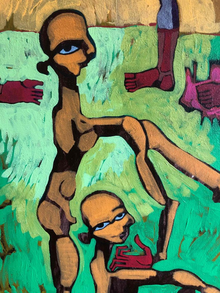 A painting with shades of grass-green background. Two human-like figures; different from each other but both slender, muscular, golden-brown, and black. The large figure's hand is angular and red and rests on the smaller figure.