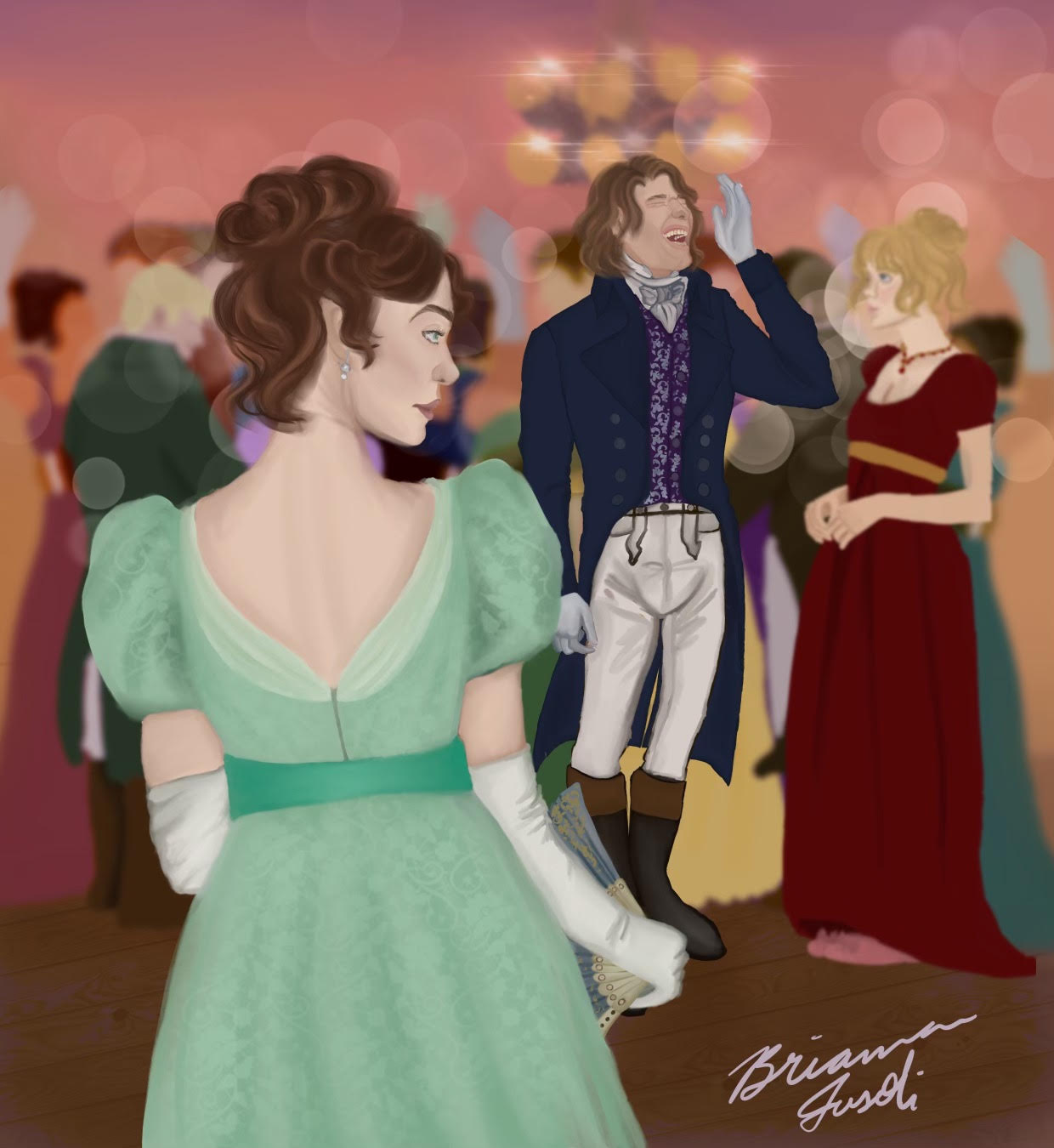 Illustration of young woman at a ball observing a prince laughing with another woman
