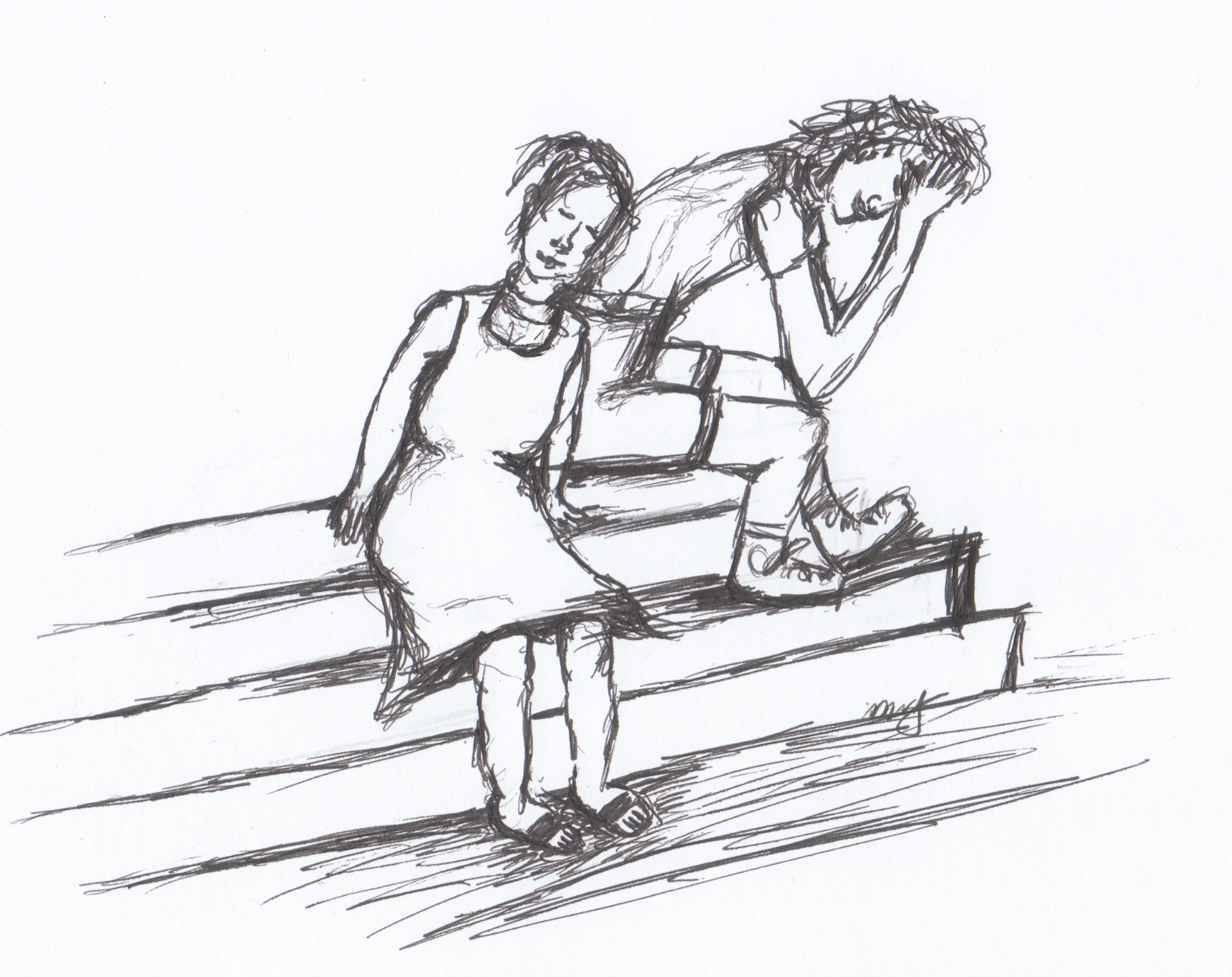 One person with eyes closed sits on front steps and leans their head on another with their head in hands.